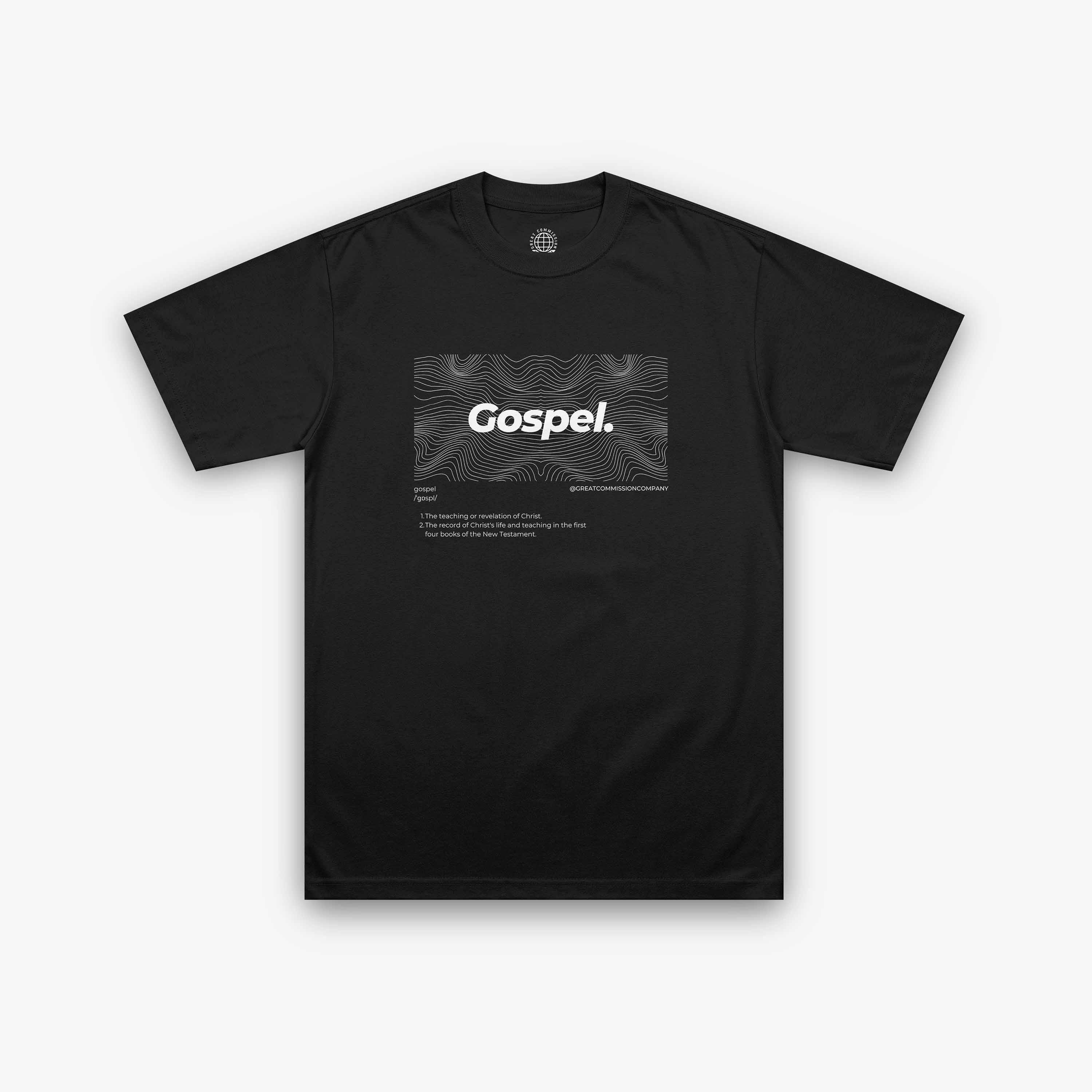 Front view of black Gospel Christian T-shirt with Romans 1:16 scripture