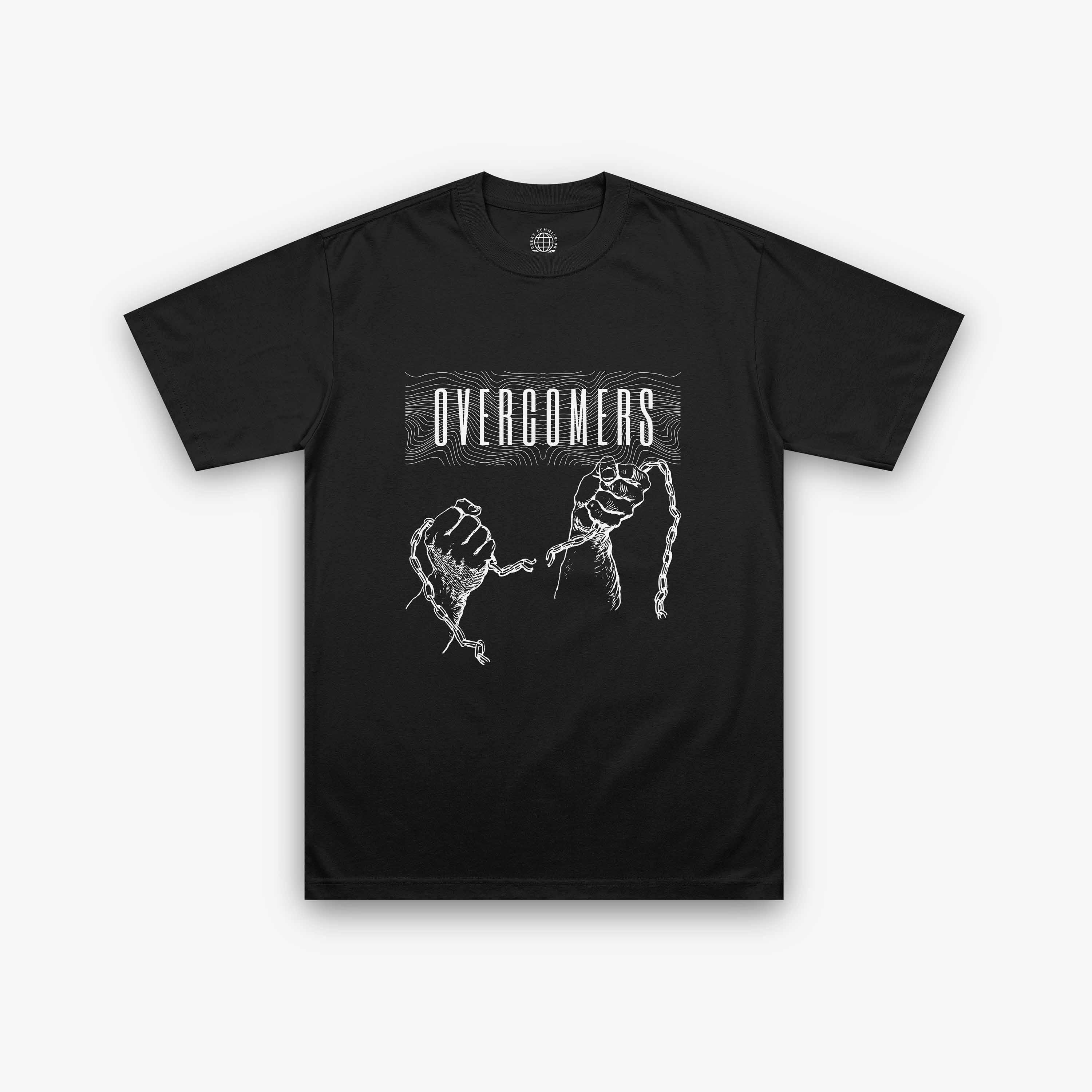 Overcomers Black Christian T-Shirt with white broken chains design