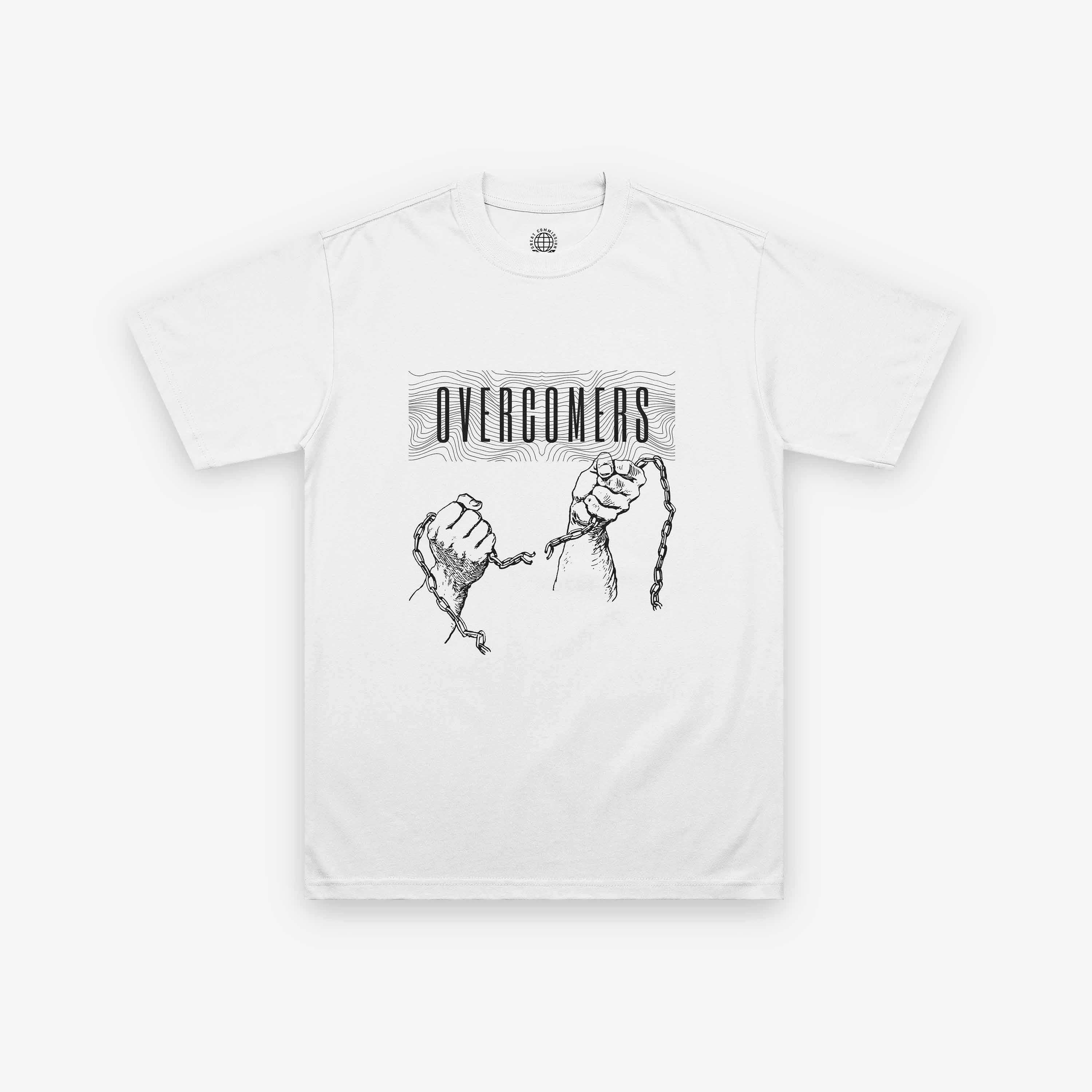 Overcomers Broken Chains Christian T-Shirt in White – front design