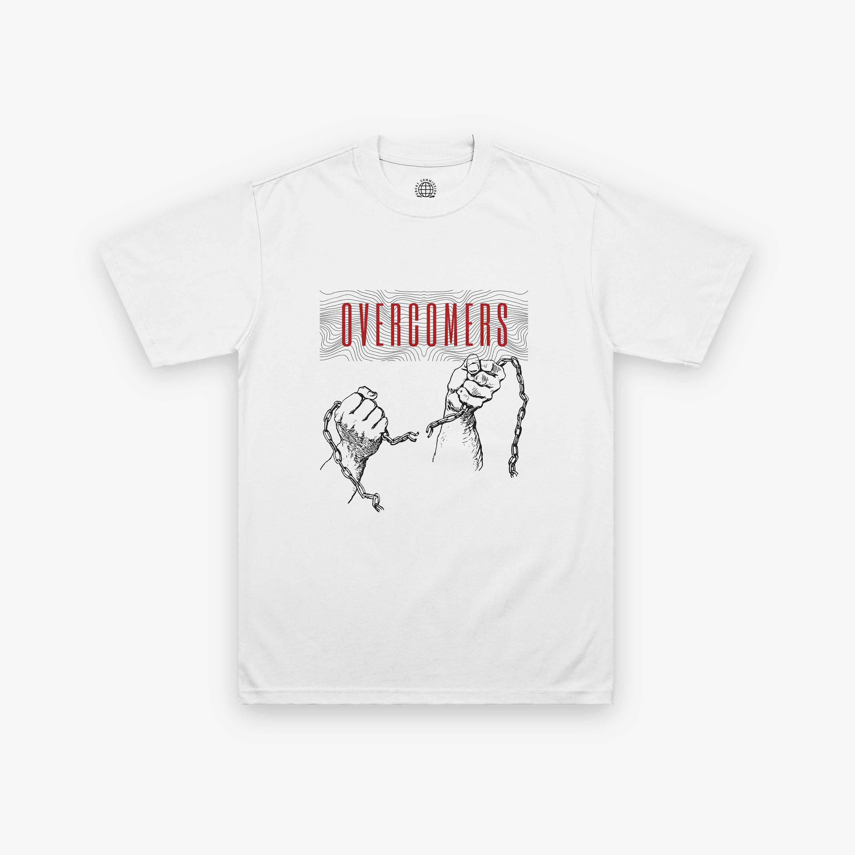 Overcomers Red Broken Chains Christian T-Shirt in white – front design with broken chain graphic