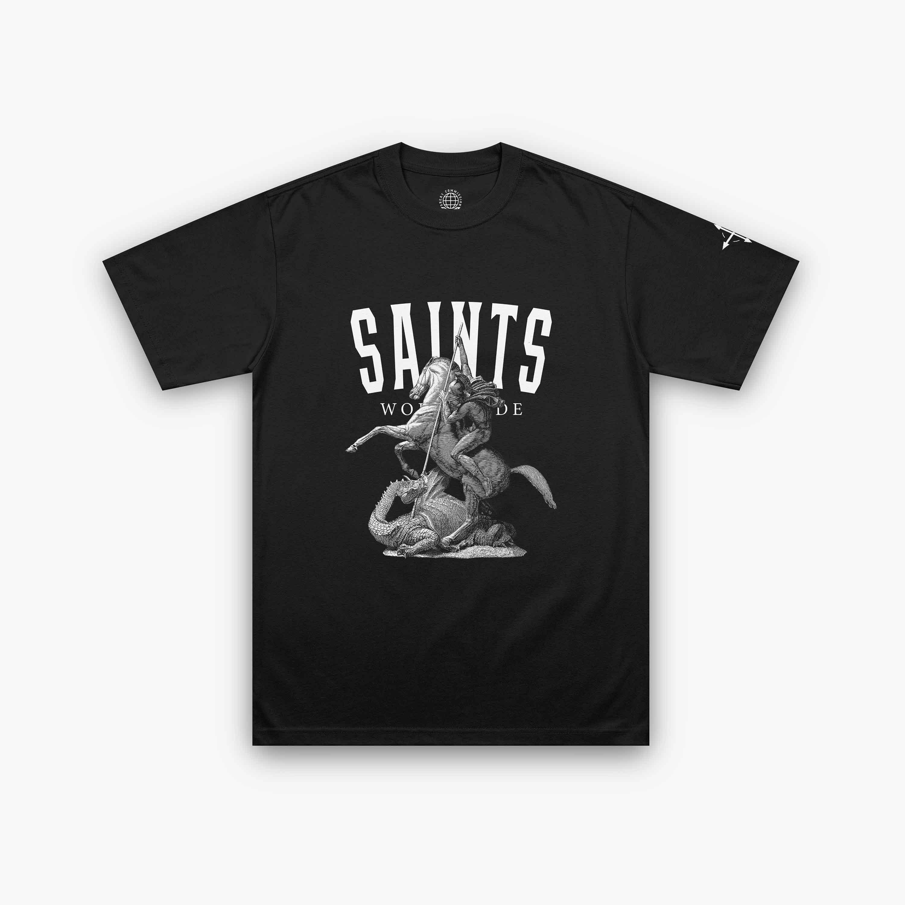 Flat lay of SAINTS WORLDWIDE t-shirt front view
