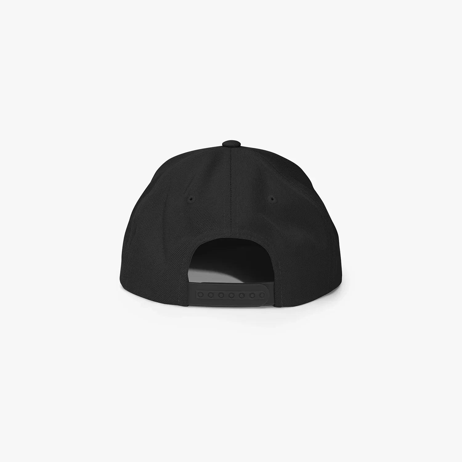 Rear view of black Christian snapback with adjustable snap closure
