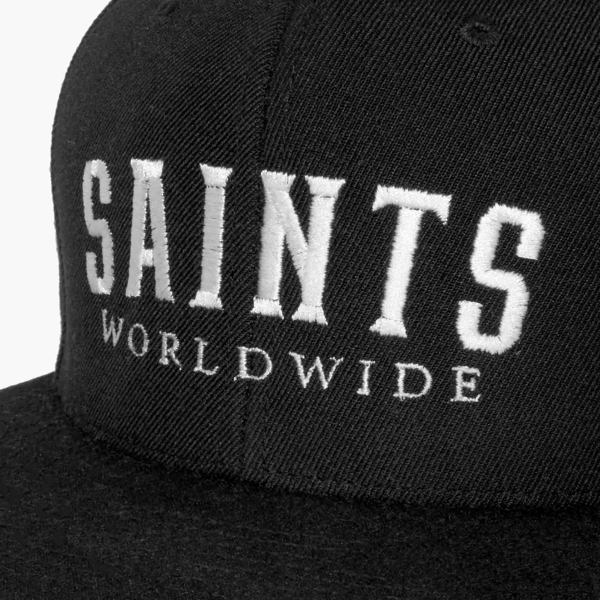 Close-up of SAINTS WORLDWIDE embroidered logo on black snapback