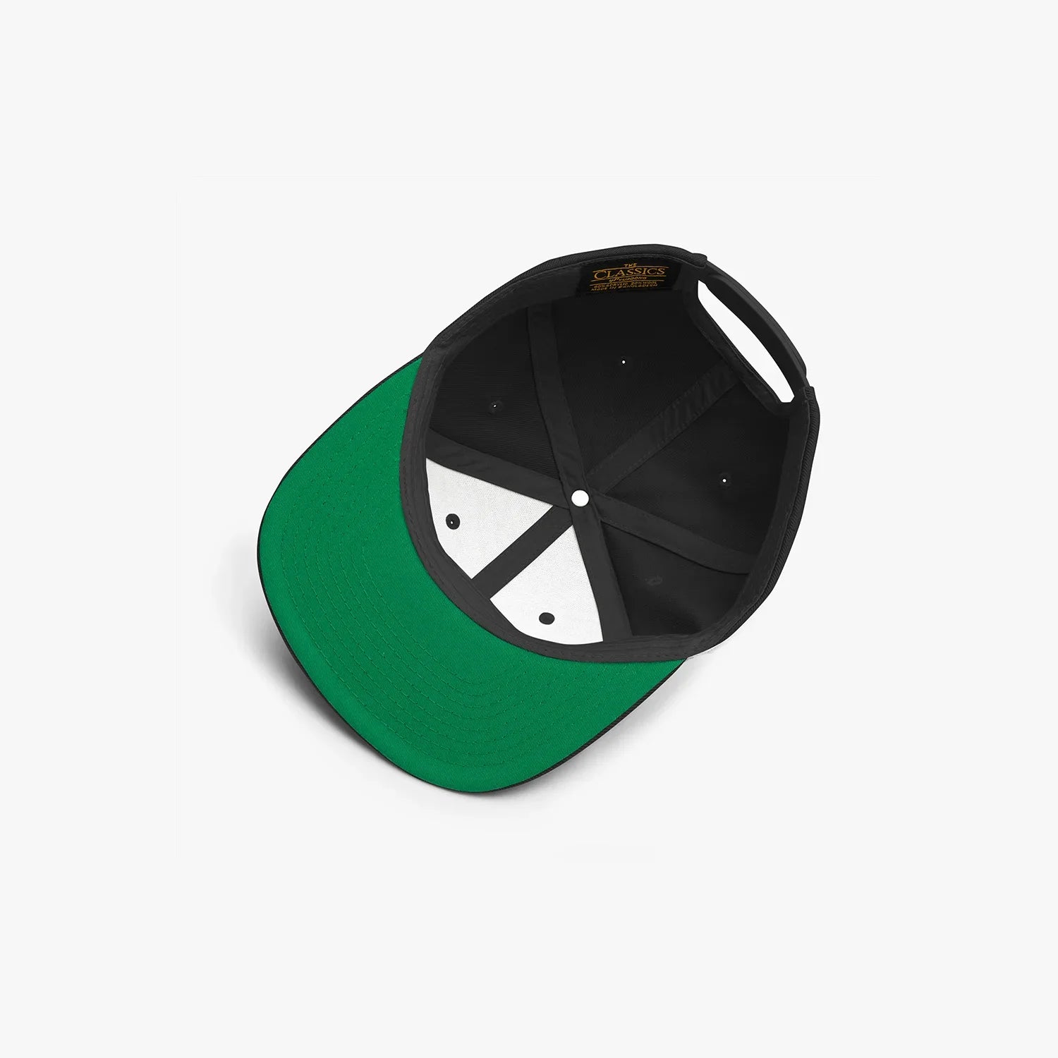 Underside of SAINTS WORLDWIDE black snapback showing green brim and inner paneling