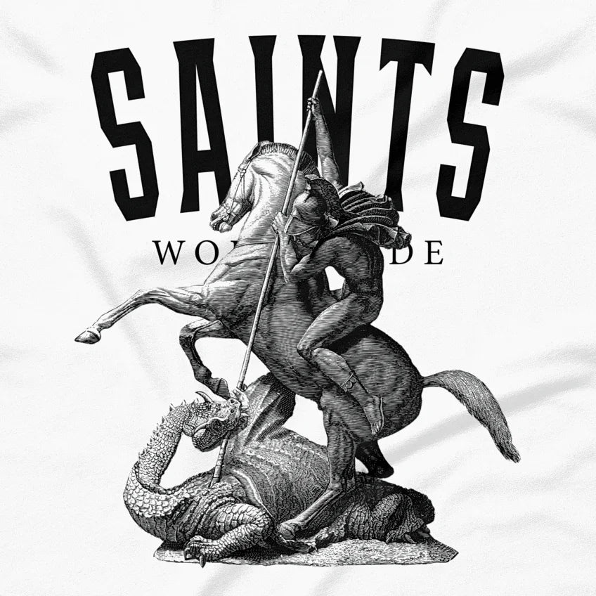 Close-up of embroidered SAINTS WORLDWIDE graphic on t-shirt