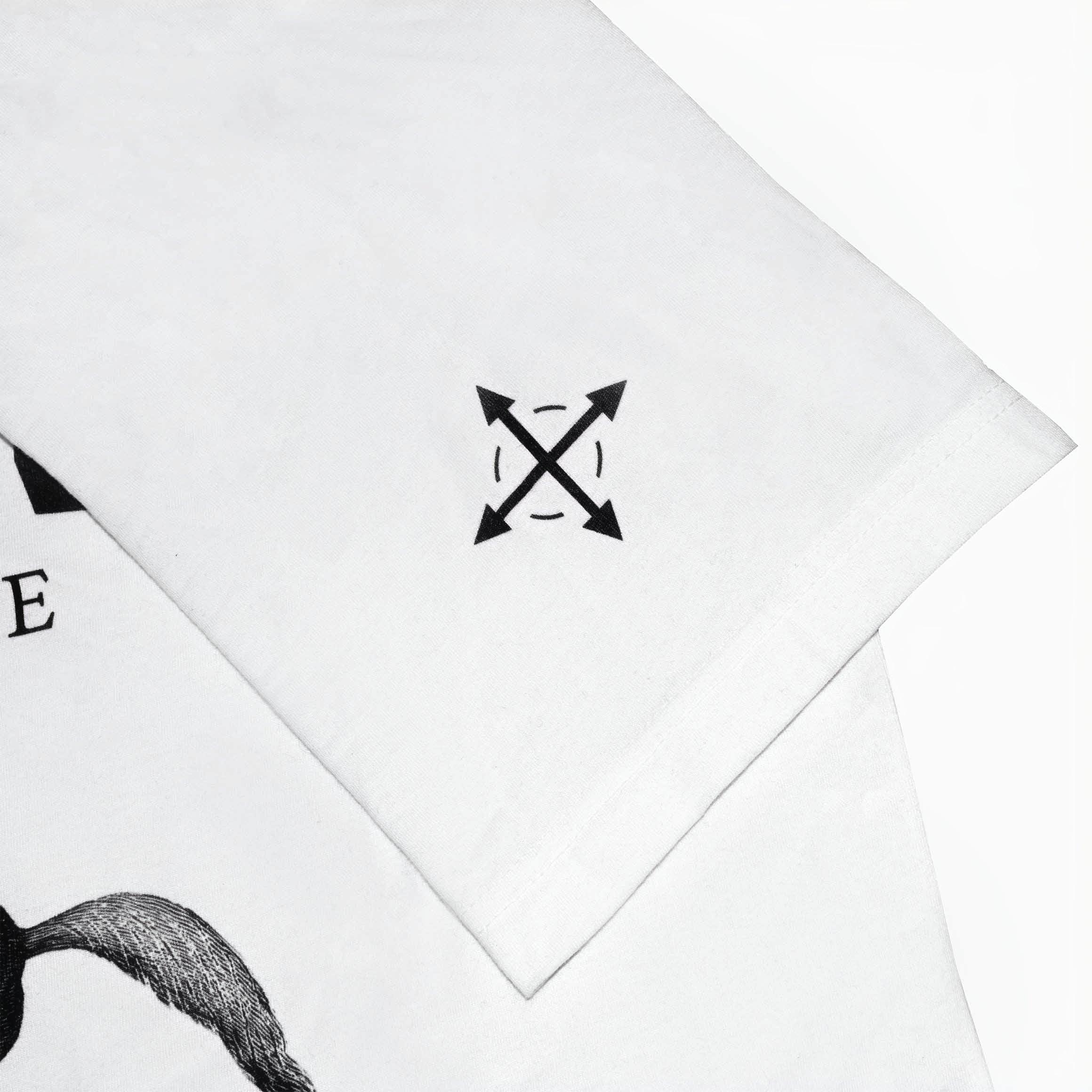 Sleeve detail showing compass arrow on white Christian t-shirt