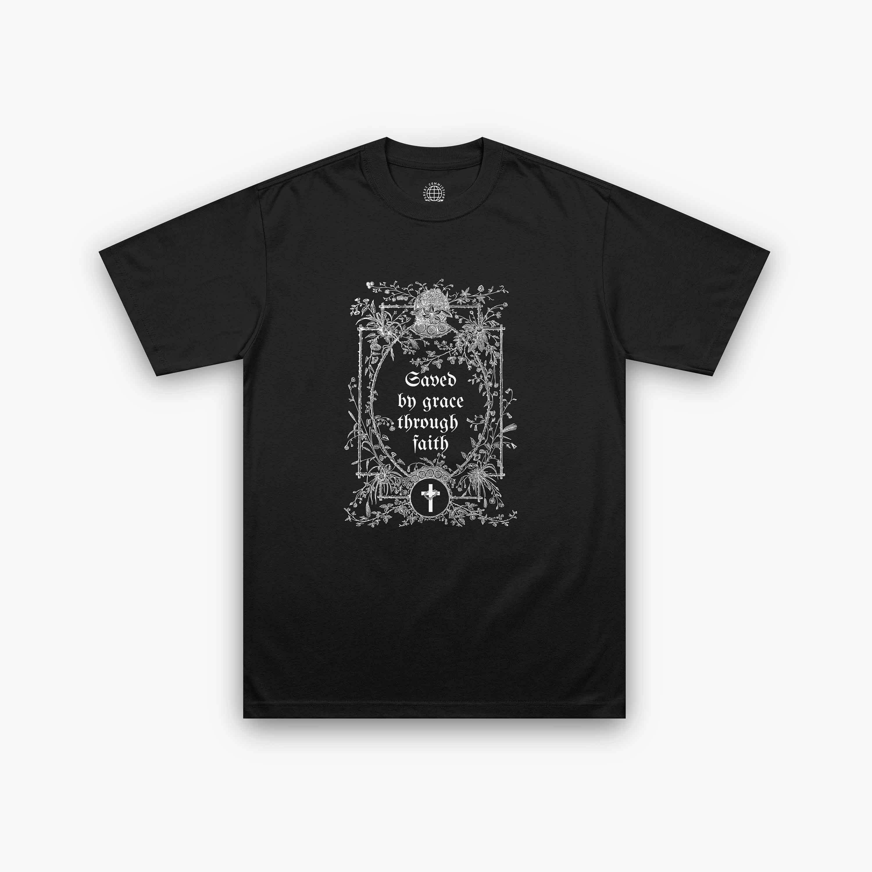 Front view of Saved by Grace black Christian t-shirt with Ephesians 2:8 scripture and floral frame