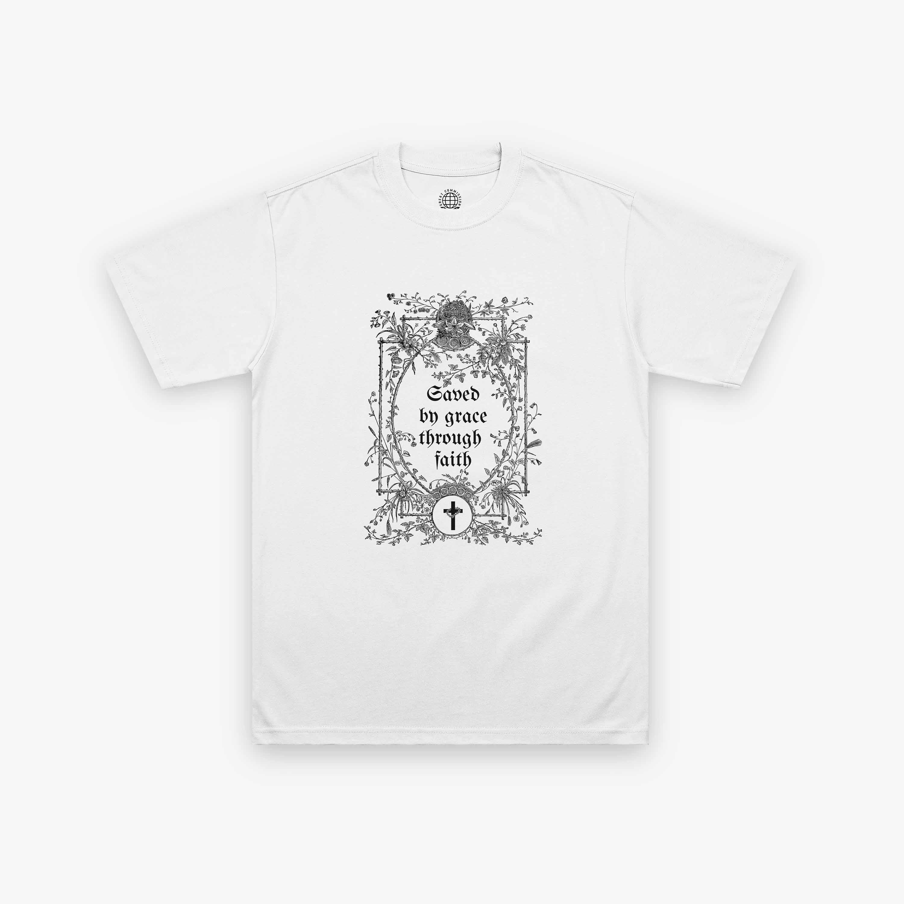 White Christian T-shirt with “Saved By Grace” Ephesians 2:8 floral graphic design on the front