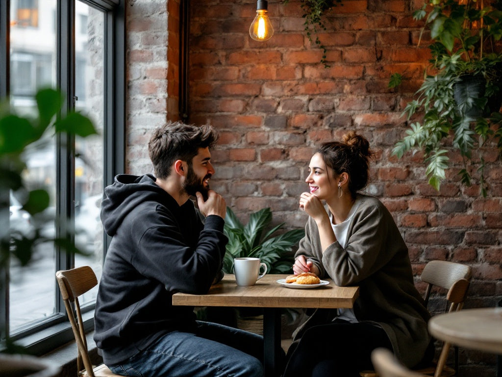 Man in Christian streetwear and woman engaged in meaningful cafe conversation, showing Biblical love through authentic fellowship and understanding