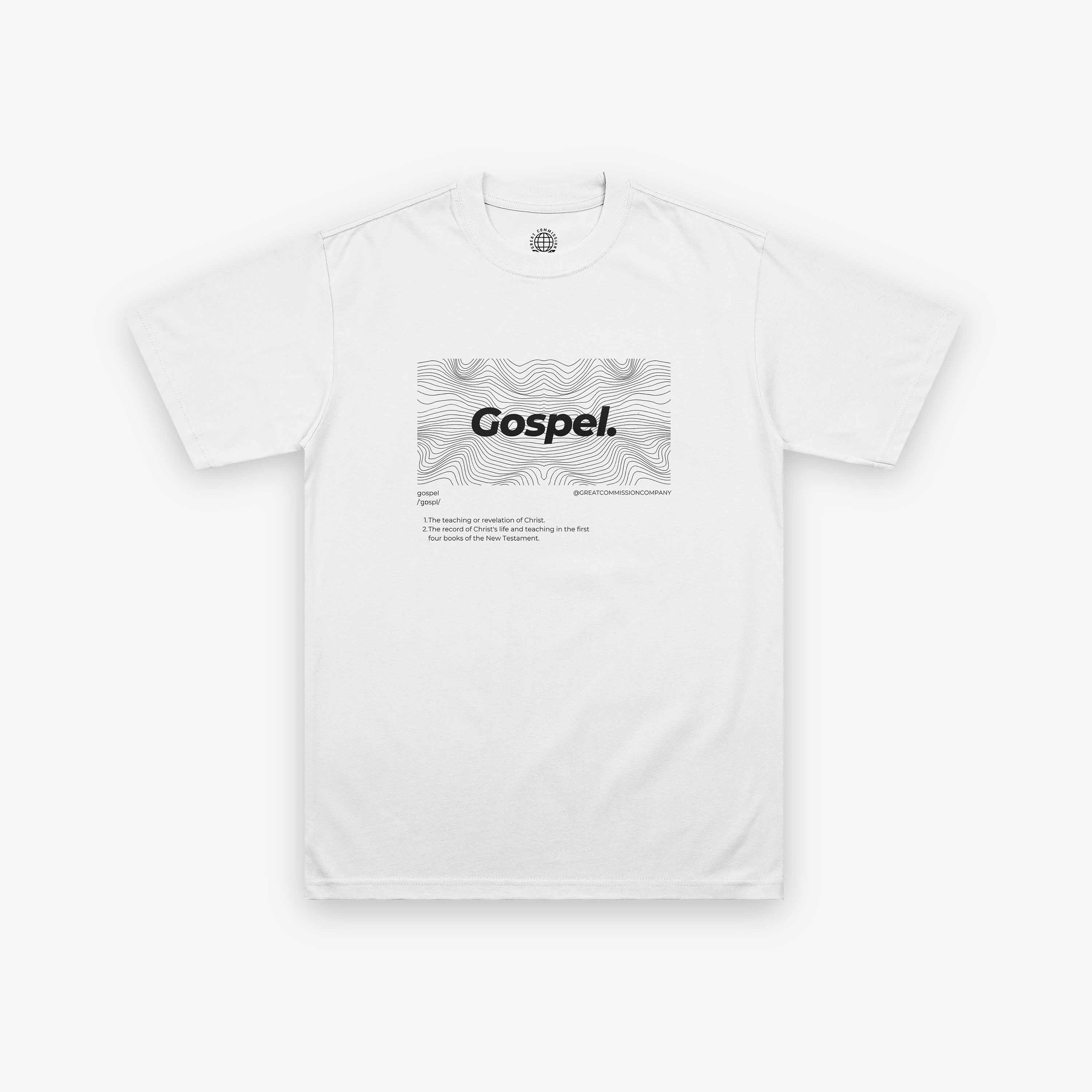 White T-shirt featuring a white wave pattern with the word 'Gospel.' and its definition below.
