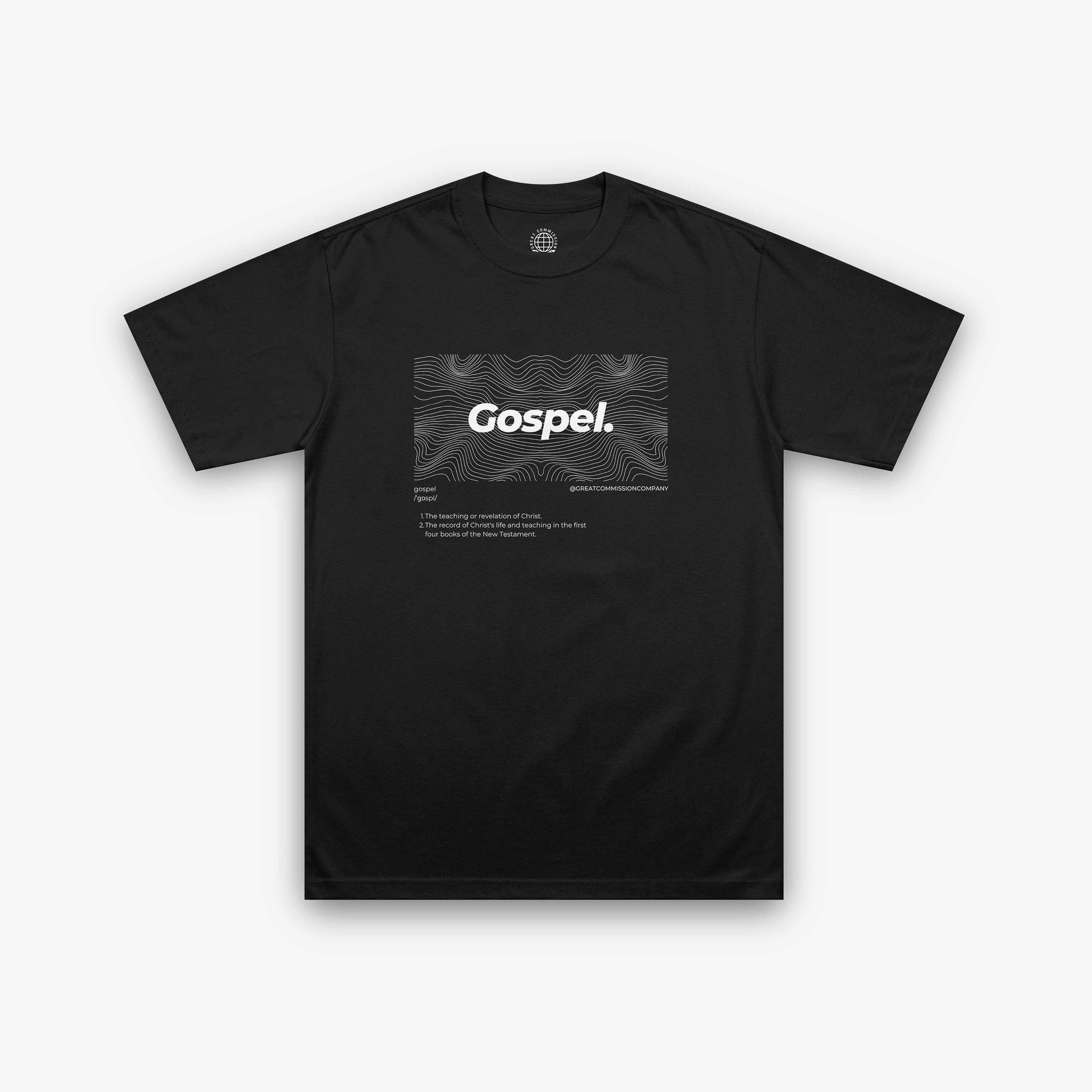 Black T-shirt with white text and wave design that says 'Gospel.' followed by a definition of the term.
