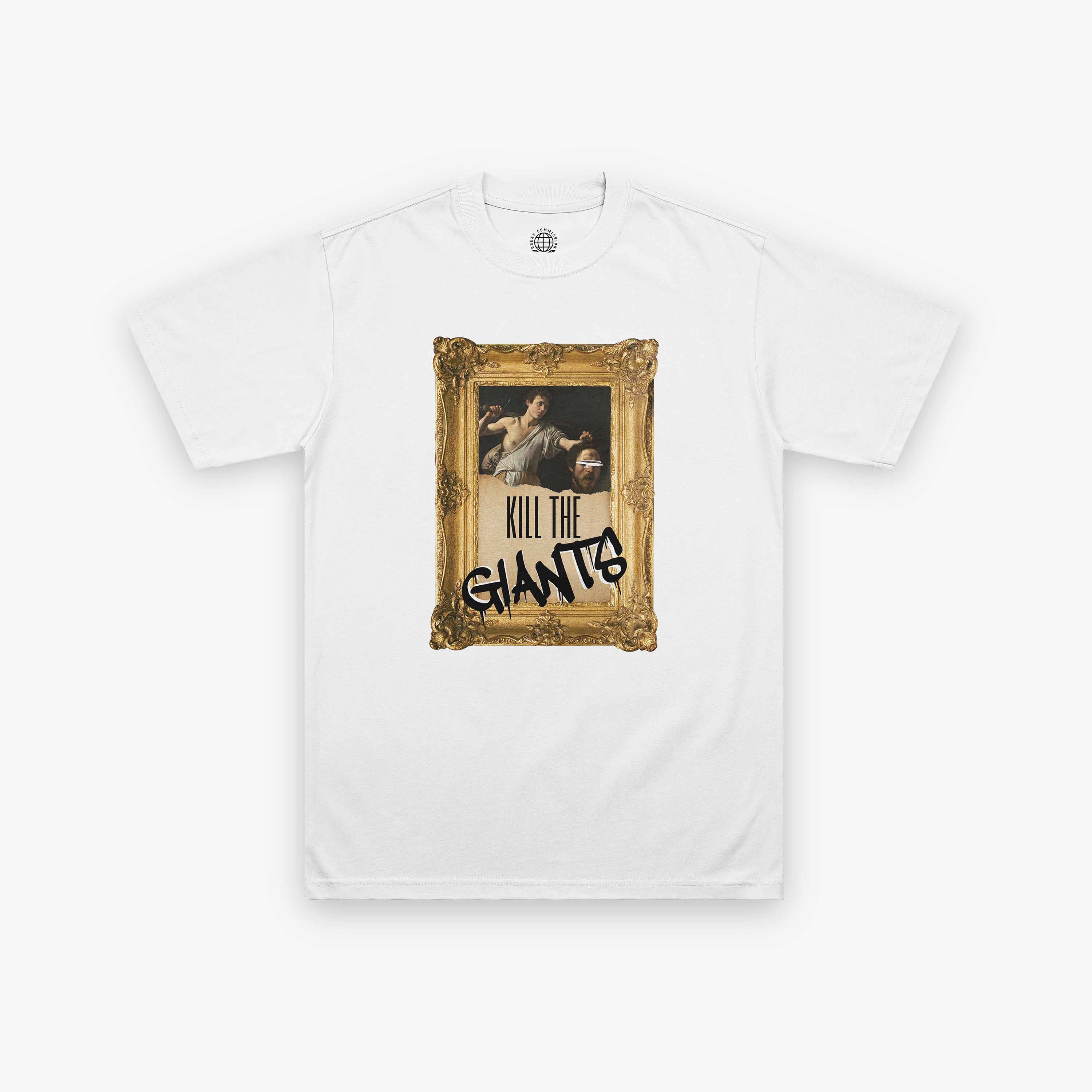 A white t-shirt with a golden frame showcasing a painting of figures and the phrase "KILL THE GIANTS".