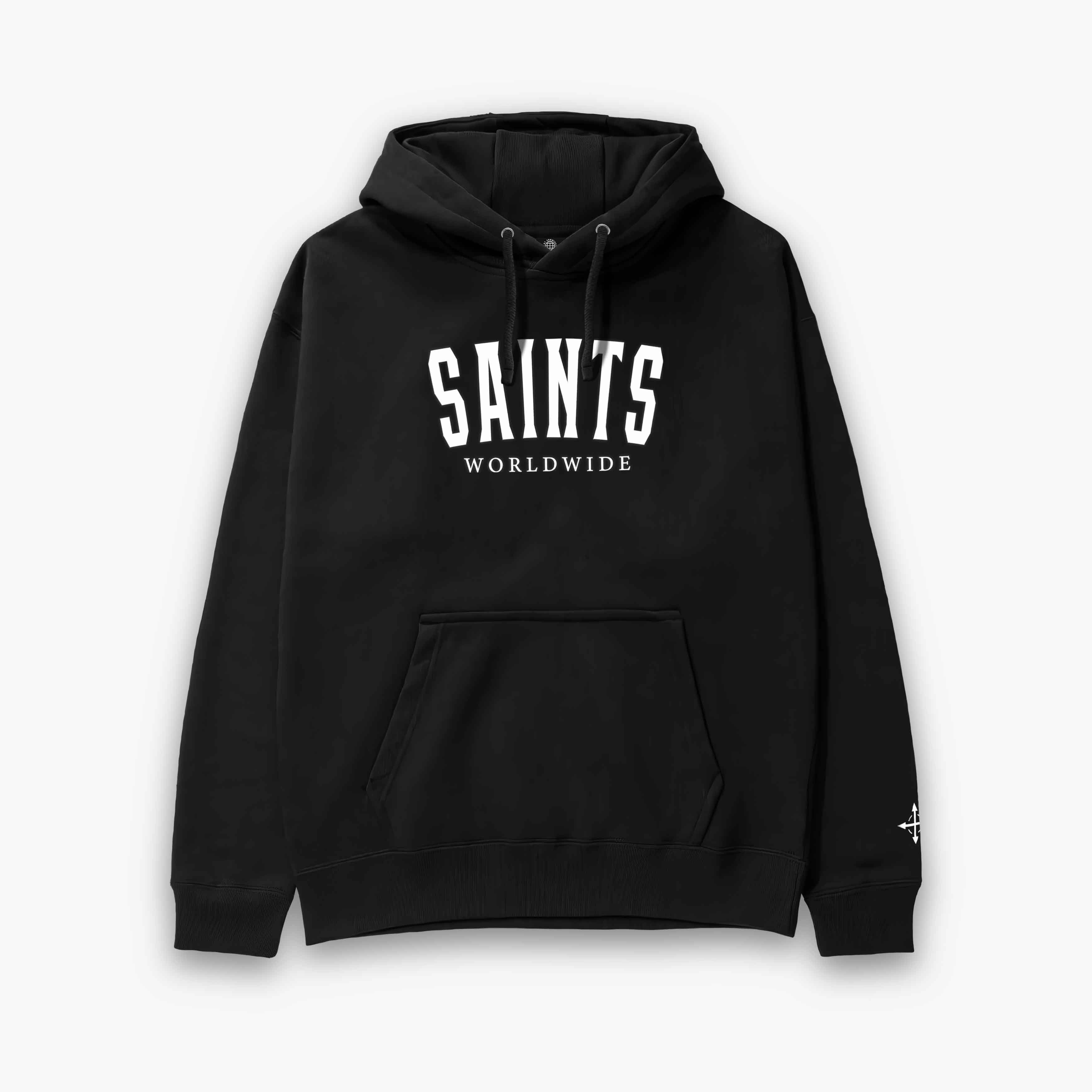 Black pullover hoodie with "SAINTS" and "WORLDWIDE" printed in white across the chest.