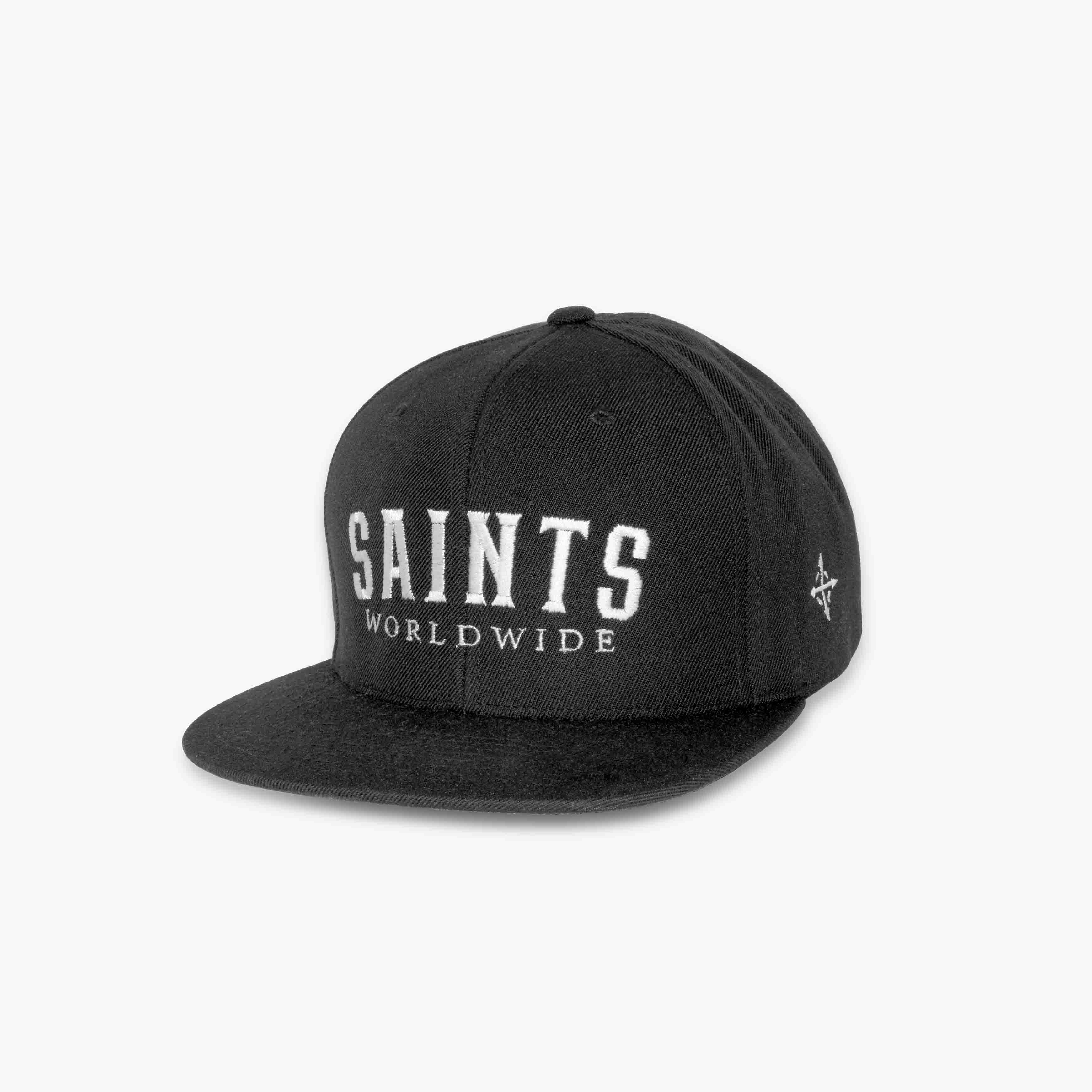  Black snapback hat with "Saints" and "Worldwide" embroidered in white.