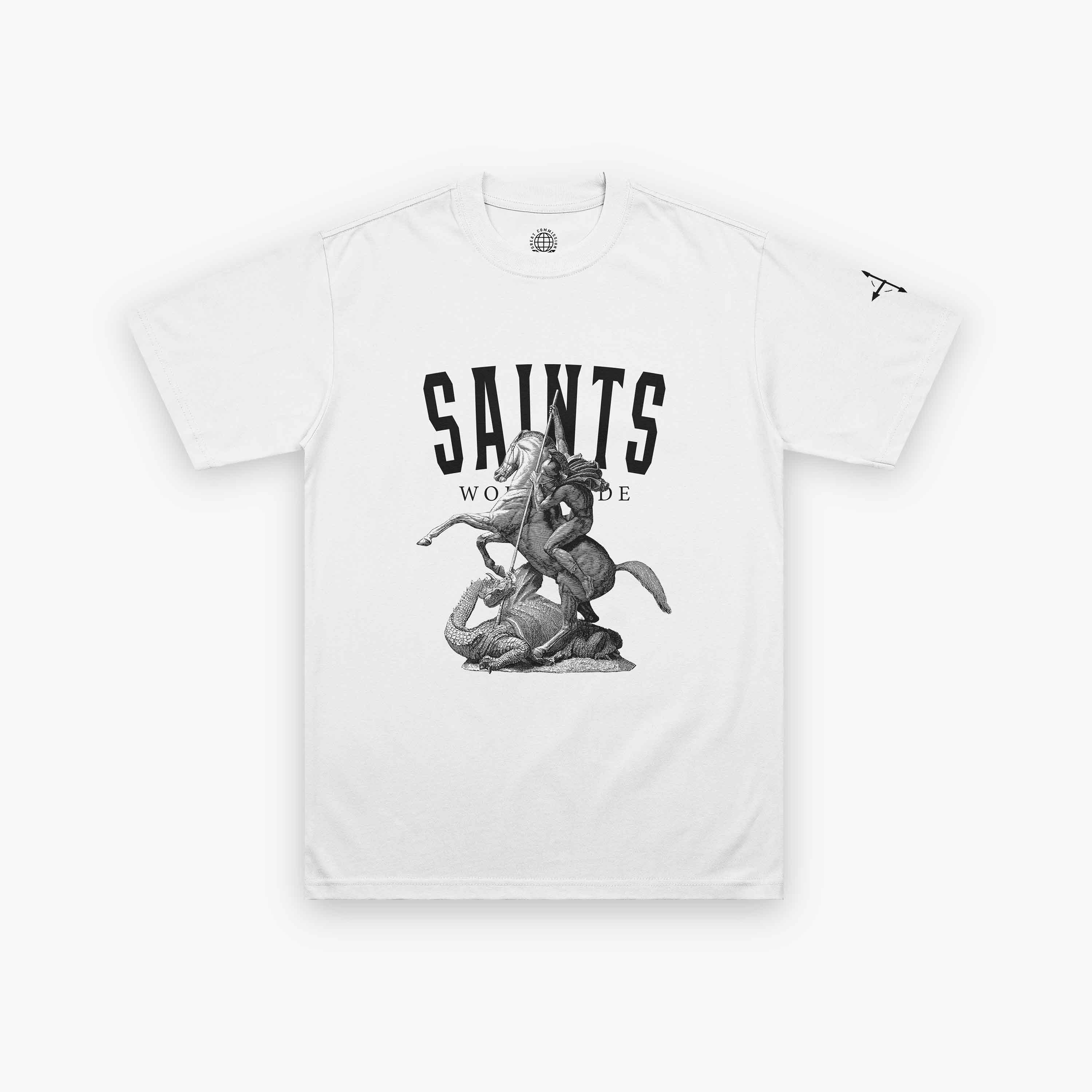 White t-shirt with a knight and dragon graphic, and the text 'Saints Worldwide' above it.