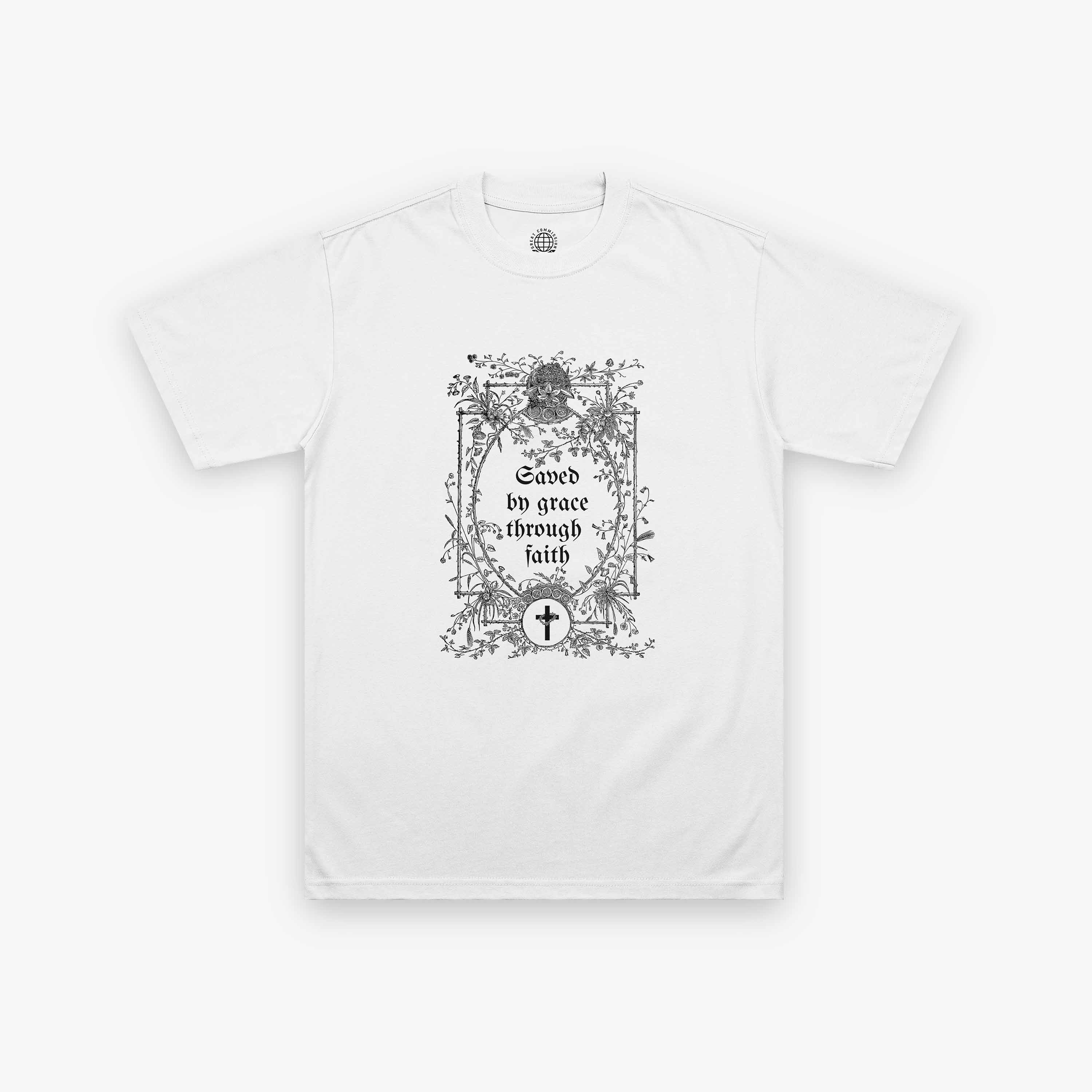 White t-shirt with 'Saved by grace through faith' text surrounded by floral print. 