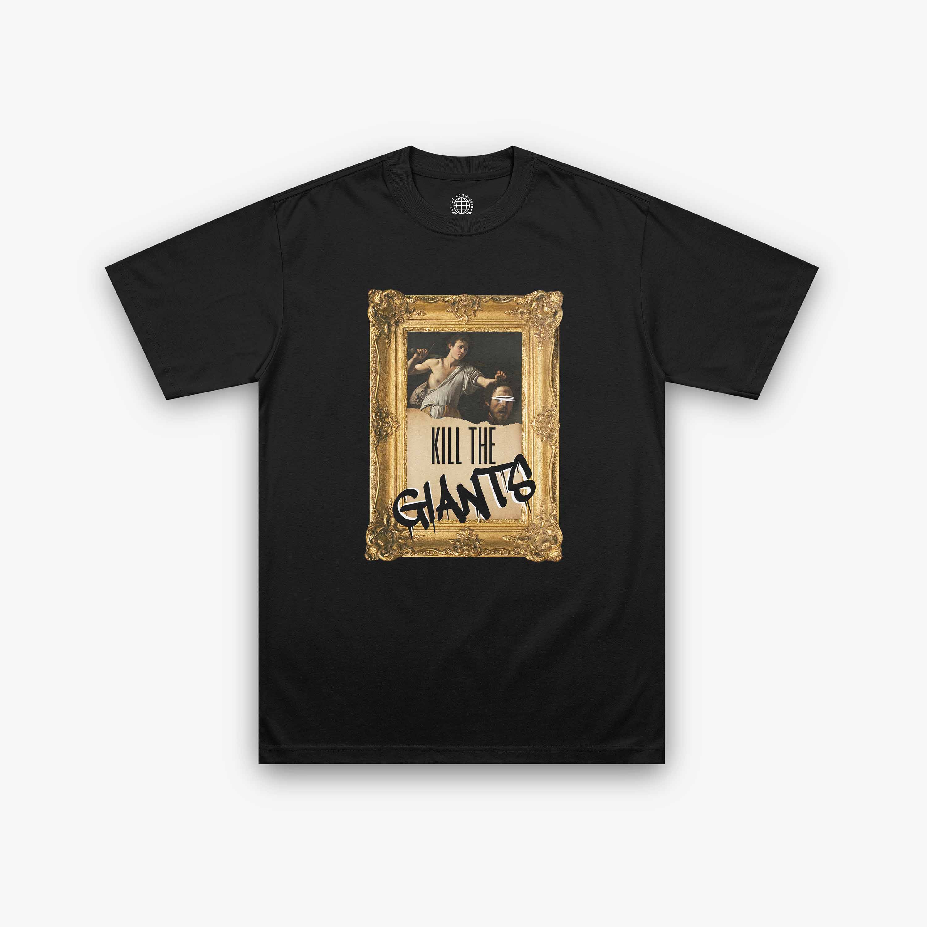 Front view of Kill the Giants black Christian T-shirt featuring David and Goliath painting with graffiti-style text