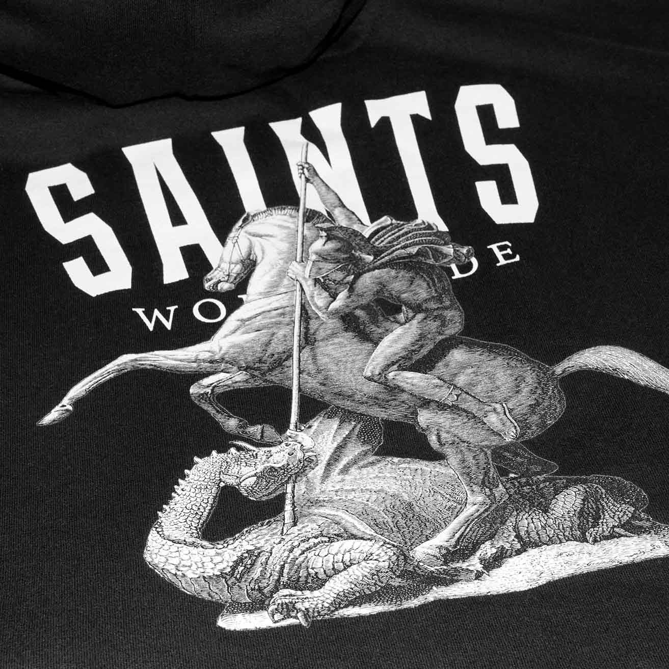 Detailed view of Saints Worldwide hoodie back embroidery of Christian artwork of St George slaying the dragon