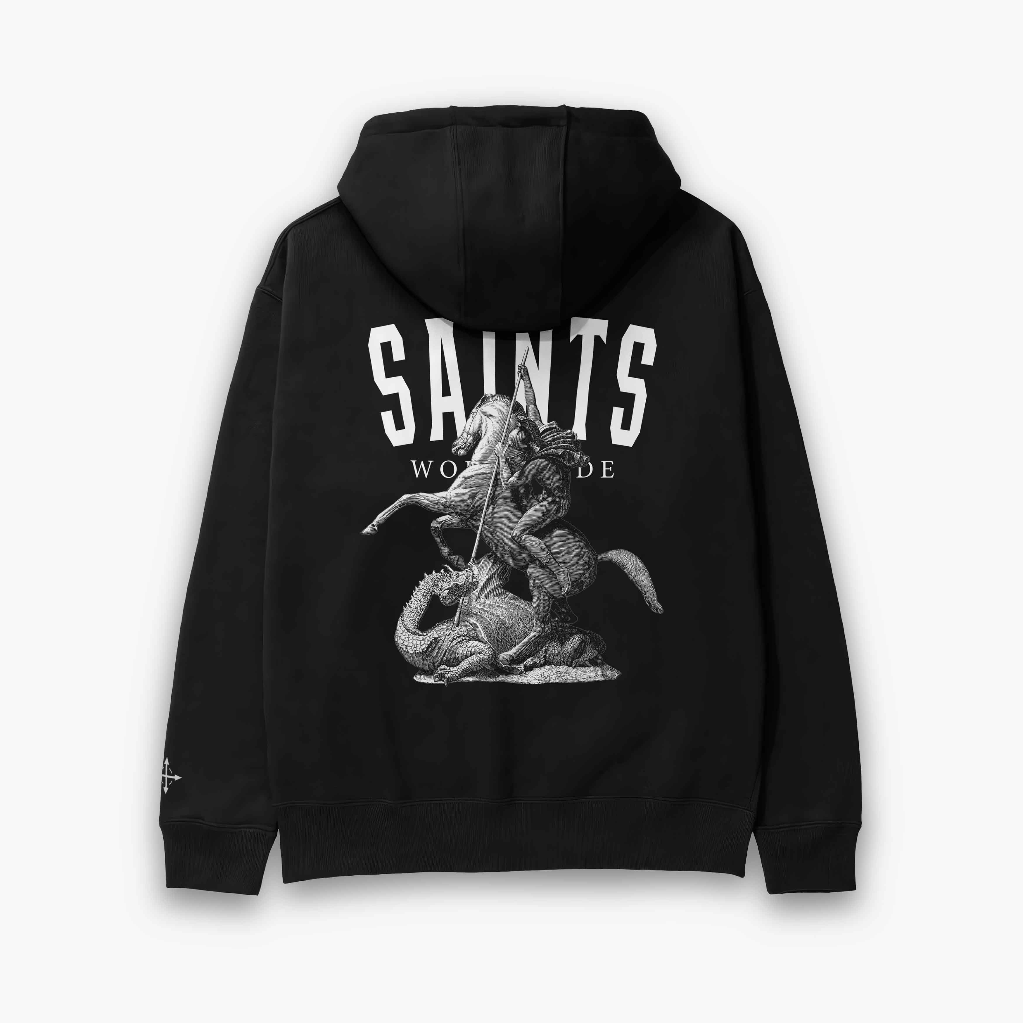 Back of black hoodie with SAINTS WORLDWIDE embroidery and faith artwork