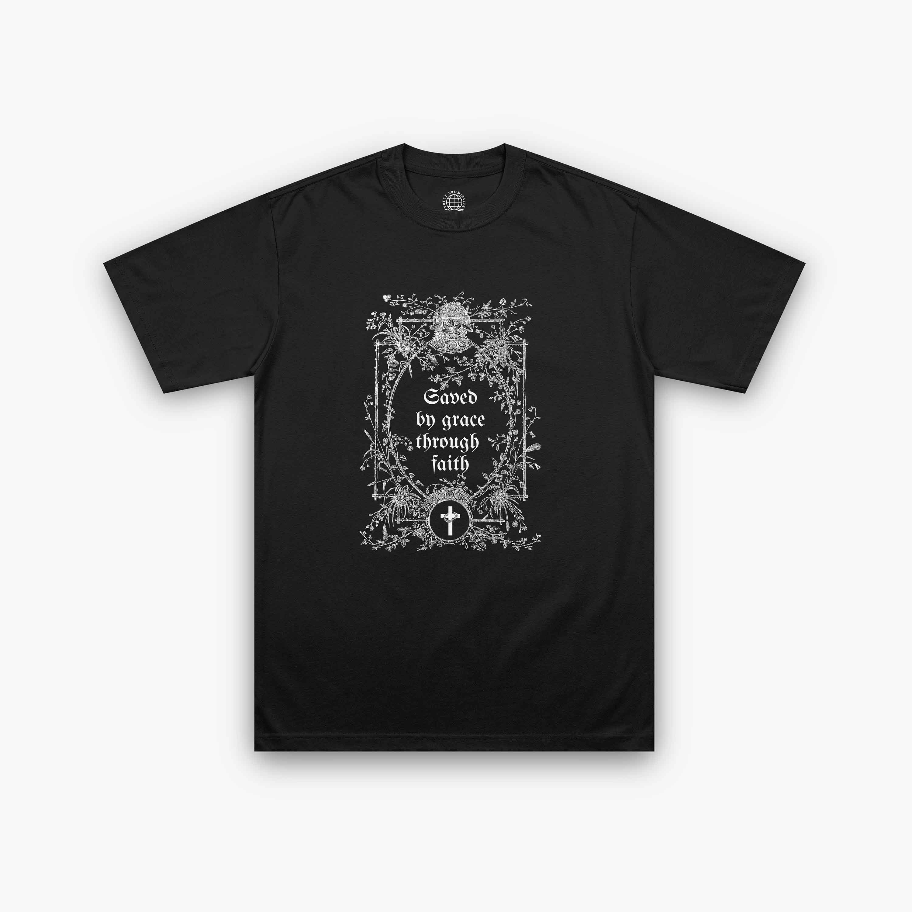 Front view of Saved by Grace black Christian t-shirt with Ephesians 2:8 scripture and floral frame